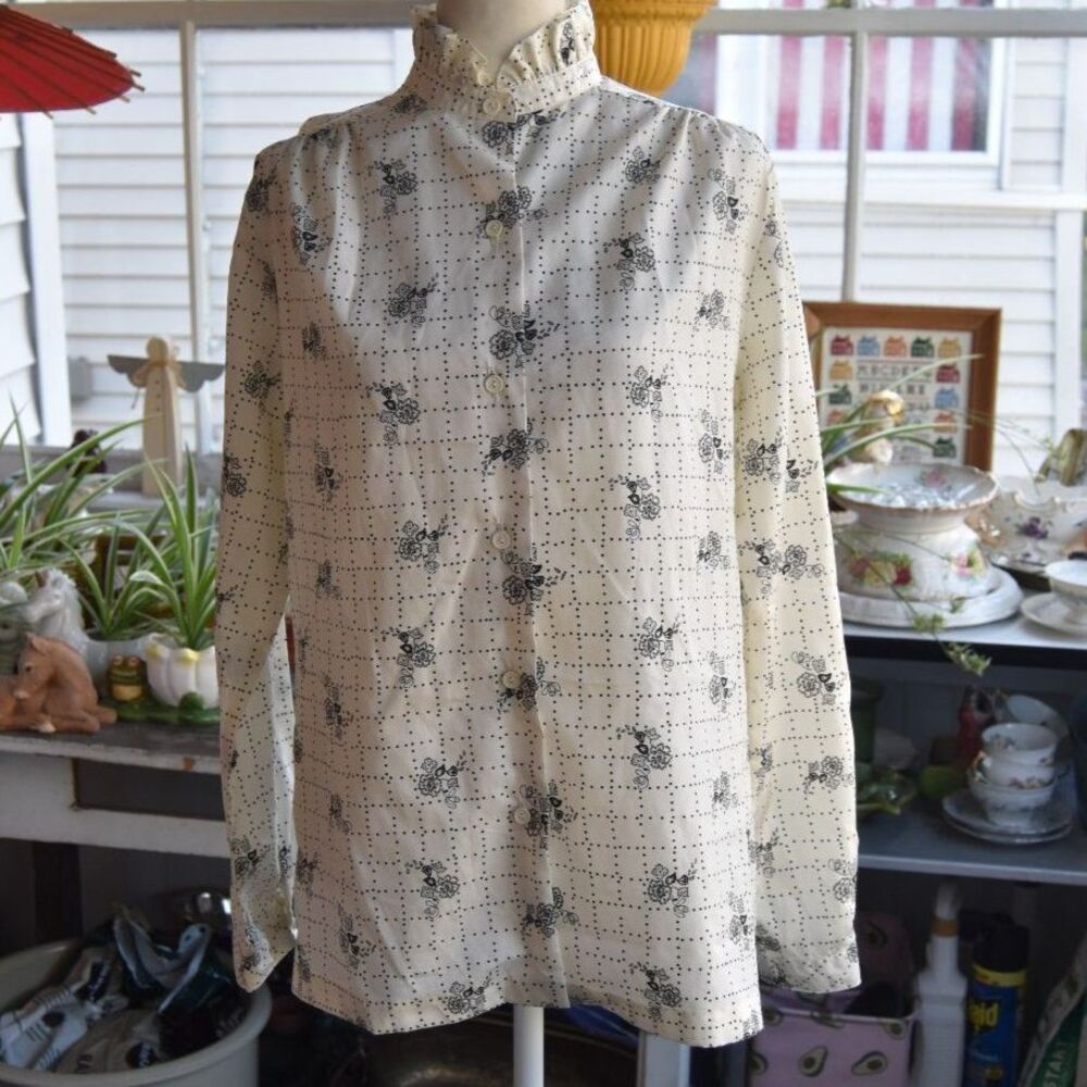 Vintage 70s Jantzen Blouse Ivory Black Floral High Neck Ruffle USA Large